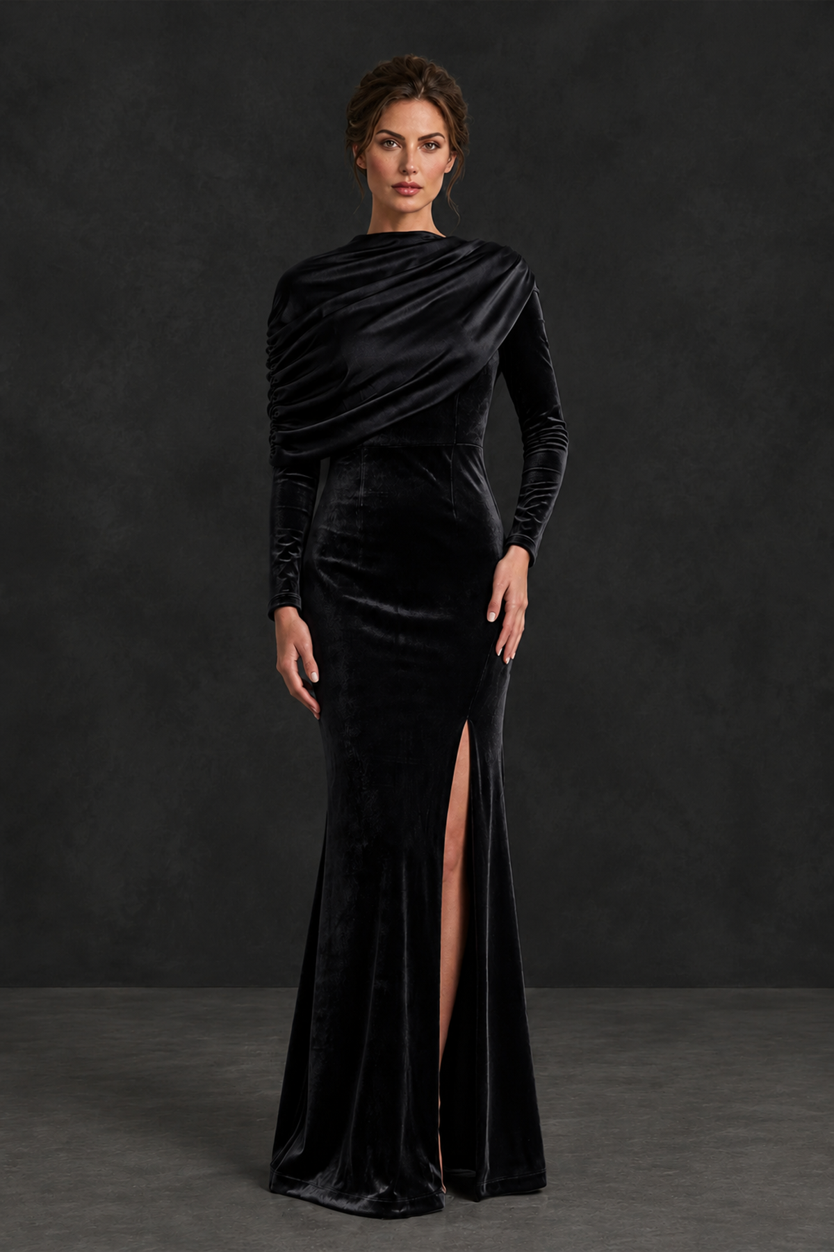 BOLODOO Black Velvet Long Sleeve Draped Mother of the Bride Dress - Black - Black_1