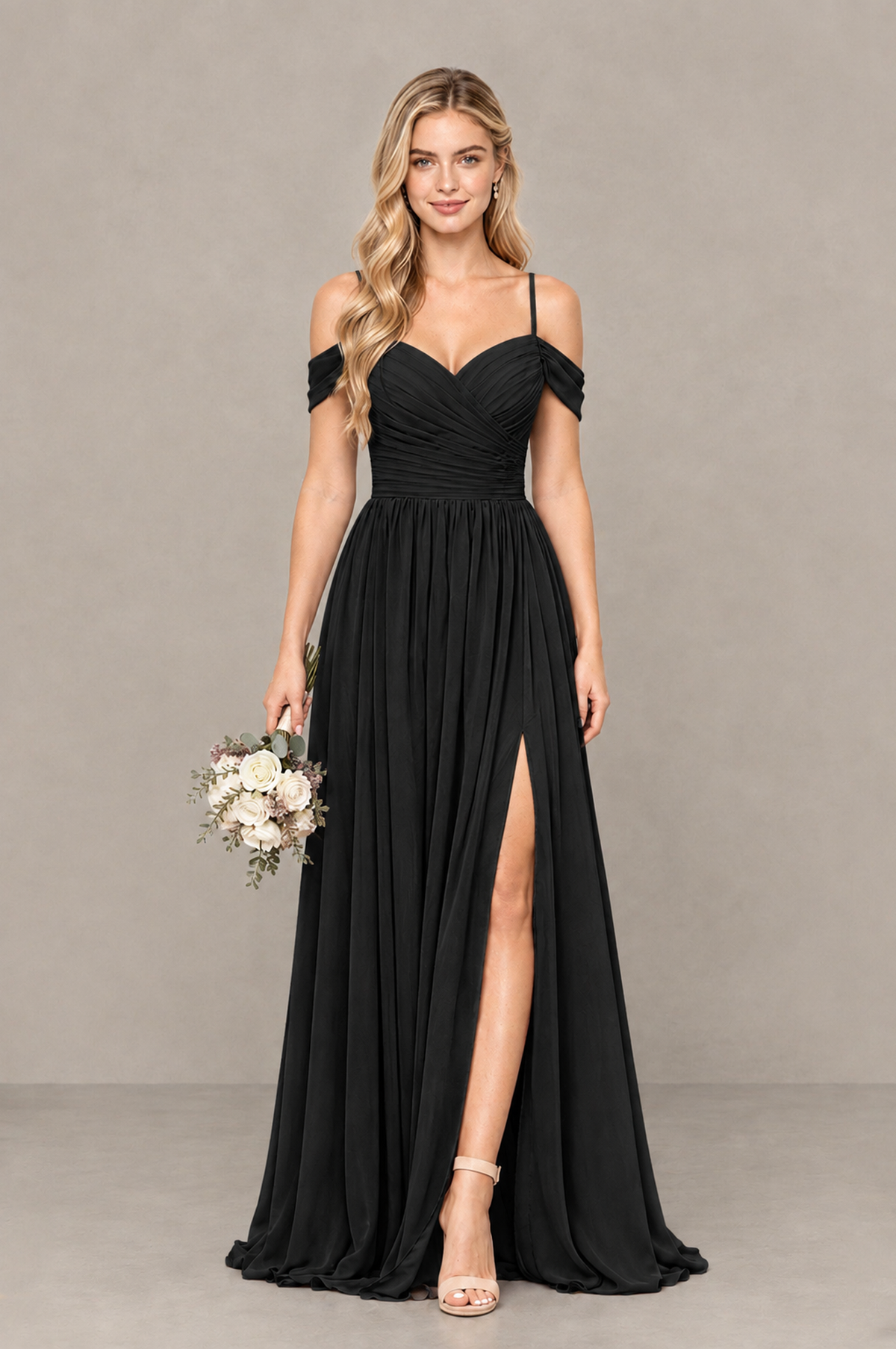 BOLODOO Black Off-Shoulder Bridesmaid Dress with Slit - Black