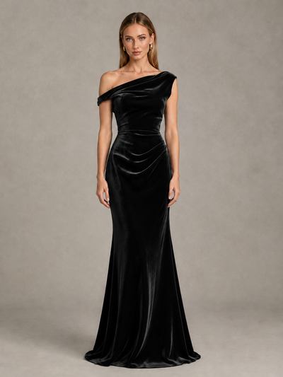 BOLODOO Black One-Shoulder Velvet Mermaid Evening Gown - Black - Black_1