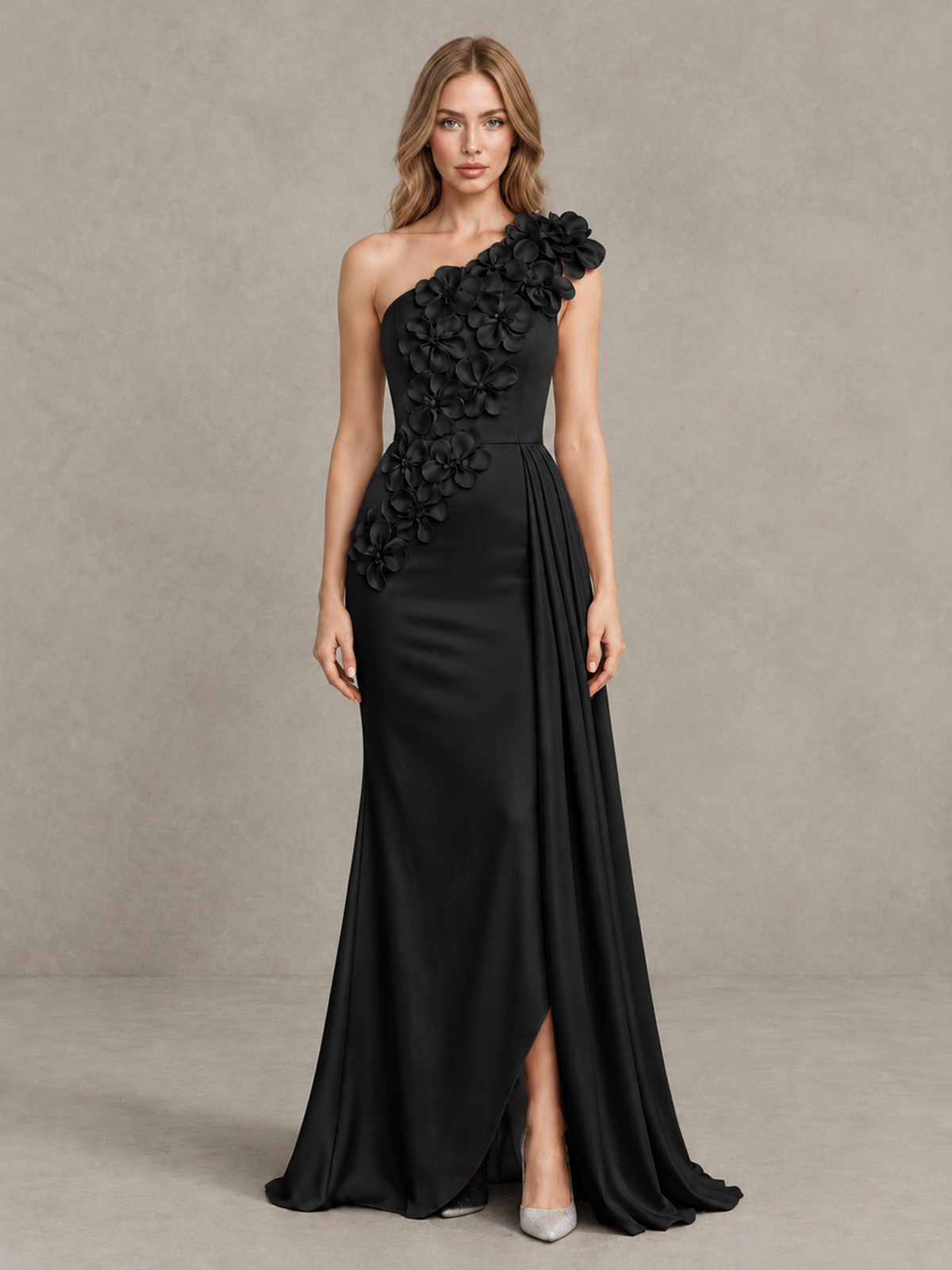 BOLODOO Black One-Shoulder Satin Mermaid Evening Gown with 3D Floral Appliqué - Black - Black_1