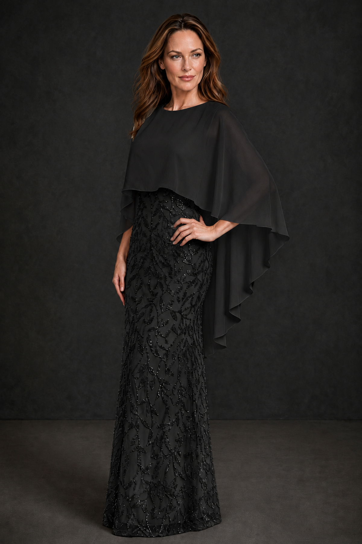 BOLODOO Black Round Neck Chiffon Cape Overlay Sequin Lace Mermaid Maxi Dress - Black - Black_1