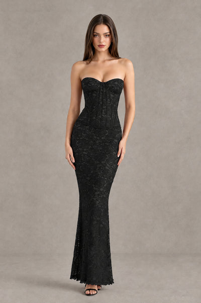 BOLODOO Black Strapless Lace Corset Wedding Guest Dress - Black - Black_1