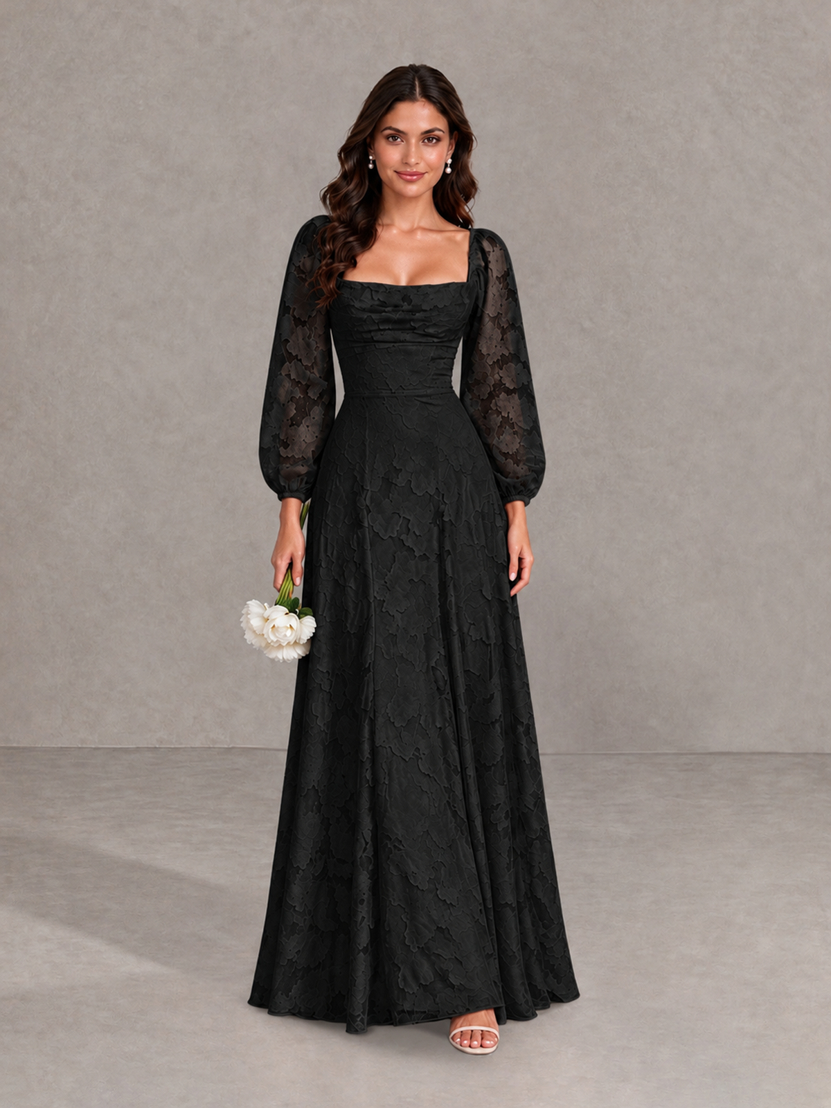 BOLODOO Black Floral Long Sleeve A-Line Bridesmaid Dress - Black - Black_1