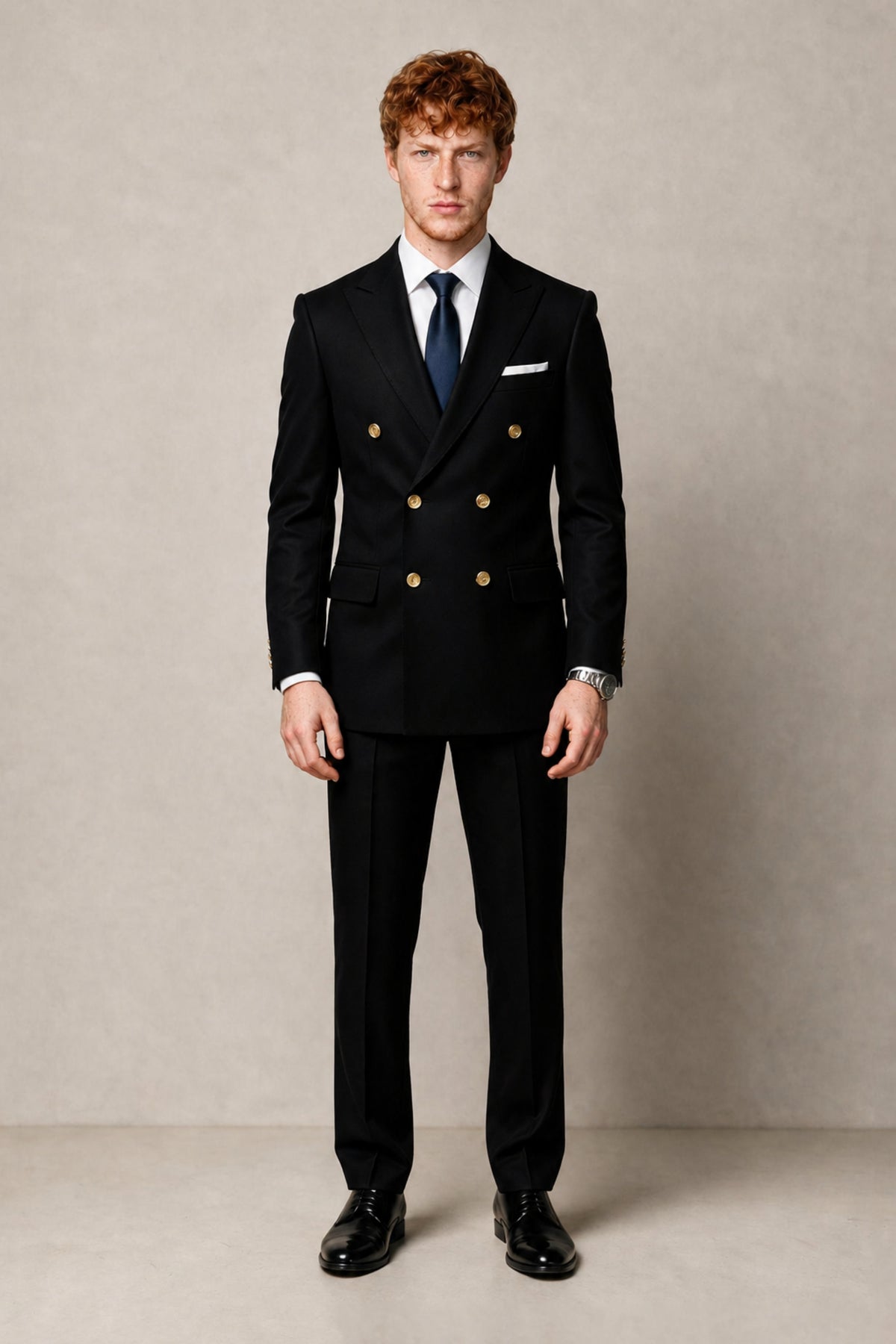 BOLODOO Men's Black Double-Breasted 2-Piece Suit | Black Button Peak Lapel Blazer & Trousers - Black