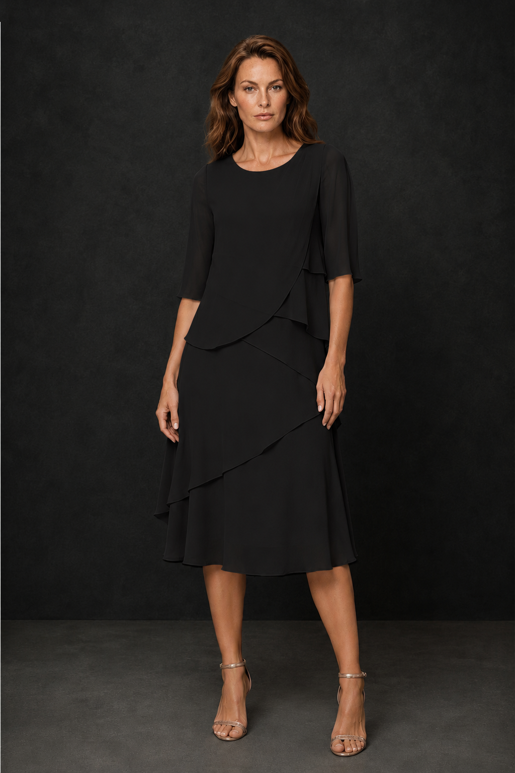 BOLODOO Black Chiffon 3/4 Sleeve Asymmetric Tiered Tea Length Dress | Mother of the Bride Midi Dress - Black