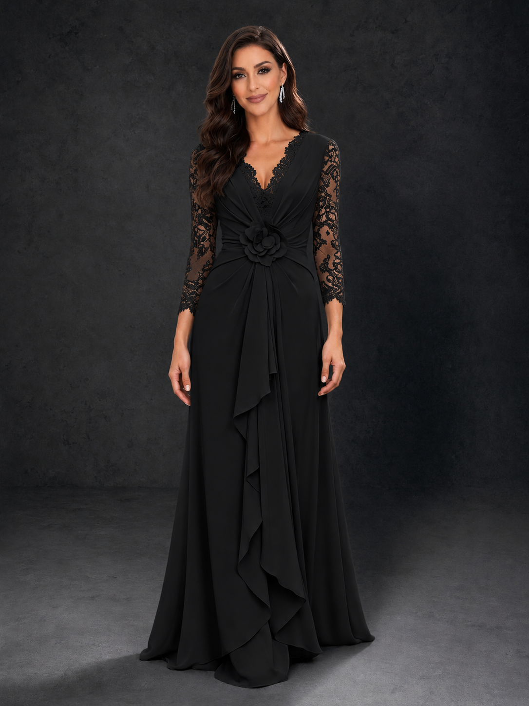 BOLODOO Black Lace Sleeve V-Neck Floral Waist Chiffon A-Line Maxi Dress - Black