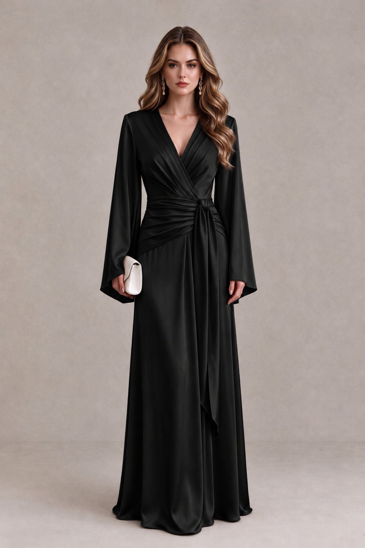 BOLODOO Black Yellow Satin-Look V-Neck Long Bell Sleeve Evening Dress - Black - Black_1