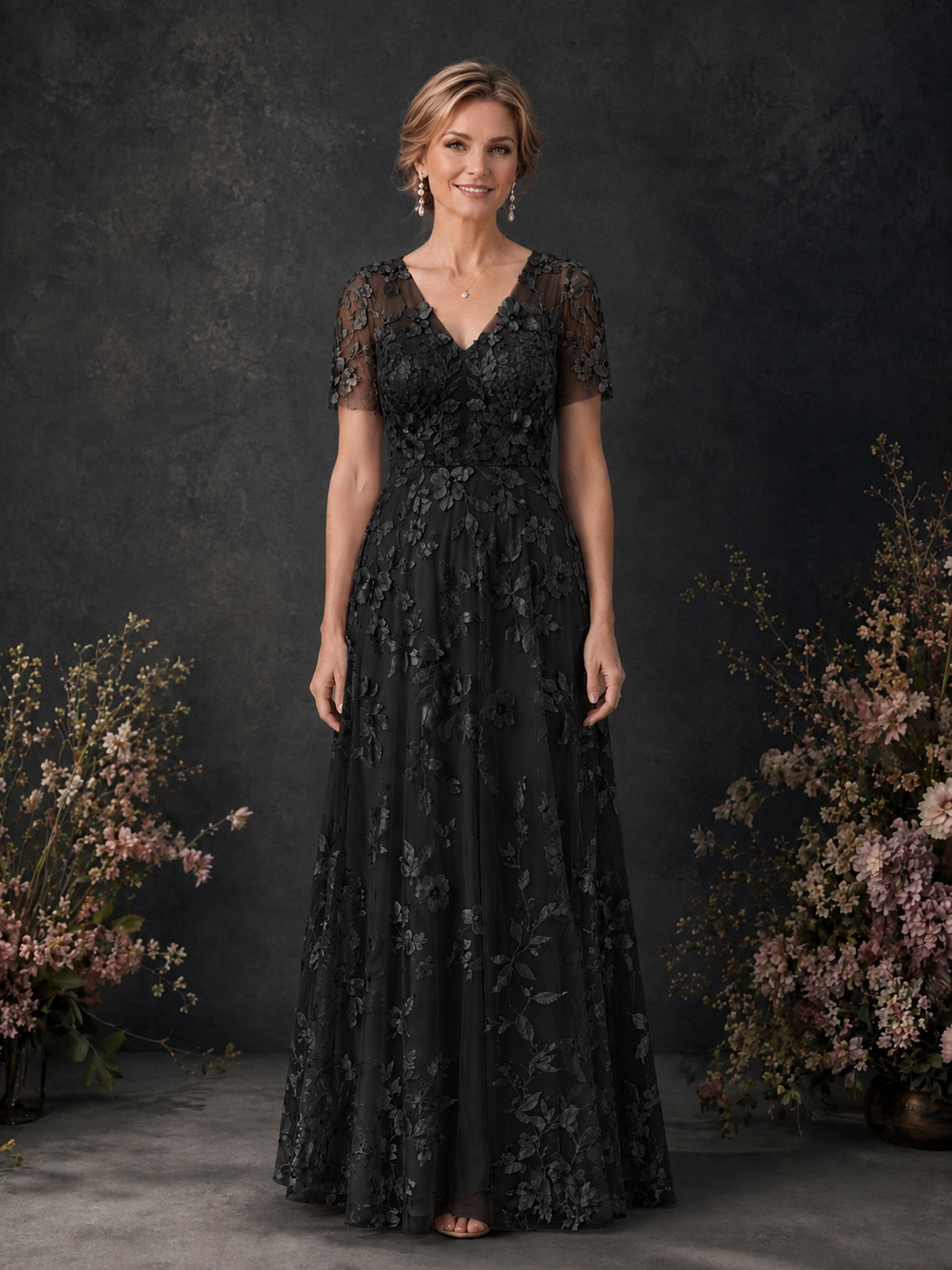 BOLODOO Black 3D Floral Embroidered Lace V-Neck Short Sleeve A-Line Maxi Dress - Black