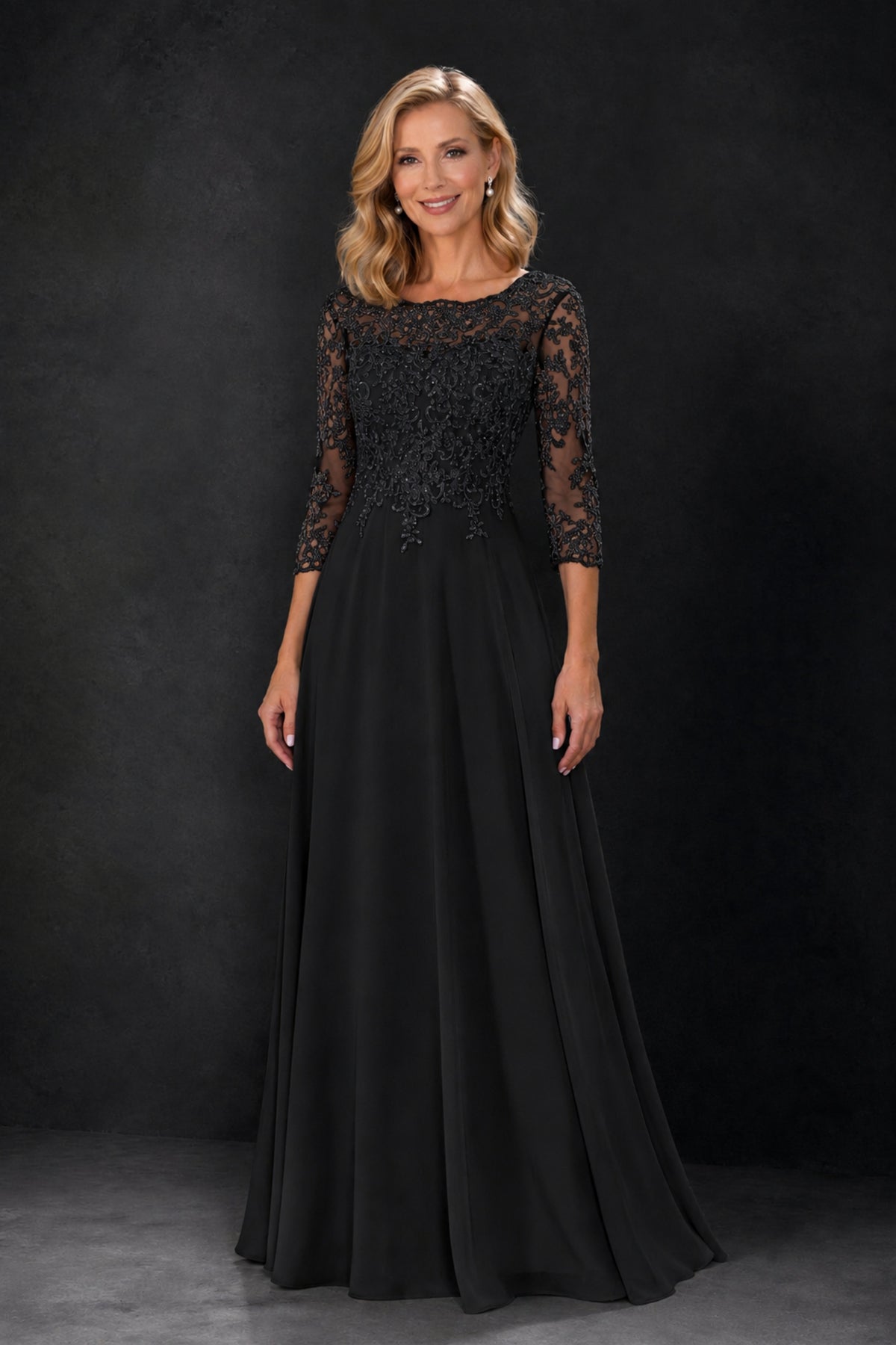 BOLODOO Black Lace Embroidered Mother of the Bride Dress with 3/4 Sleeves - Black