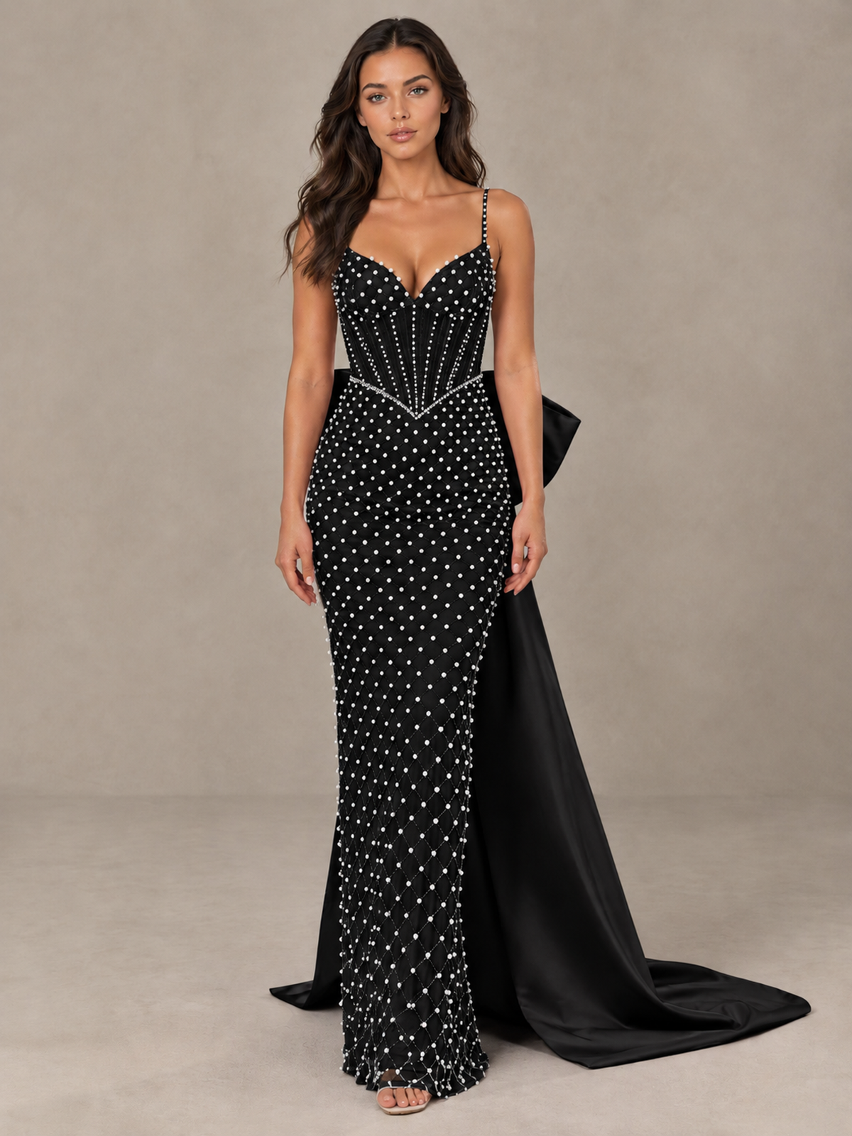 BOLODOO Black Beaded Corset Prom Dress with Bow Train - Black - Black_1