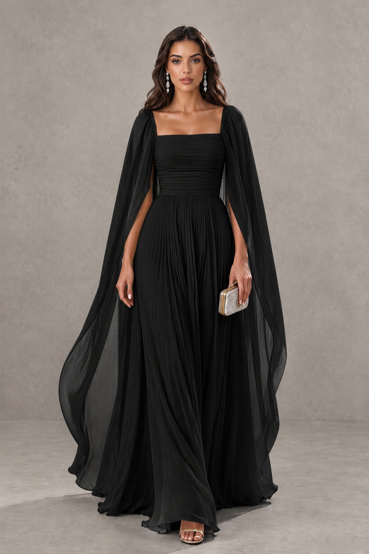 BOLODOO Black Square Neck Cape Sleeve A-Line Evening Dress - Black - Black_1