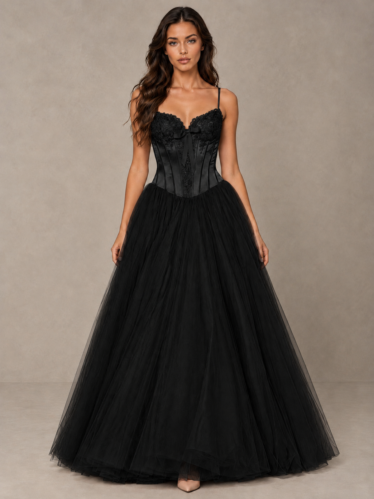 BOLODOO Black Corset Tulle Prom Dress with Spaghetti Straps - Black - Black_1