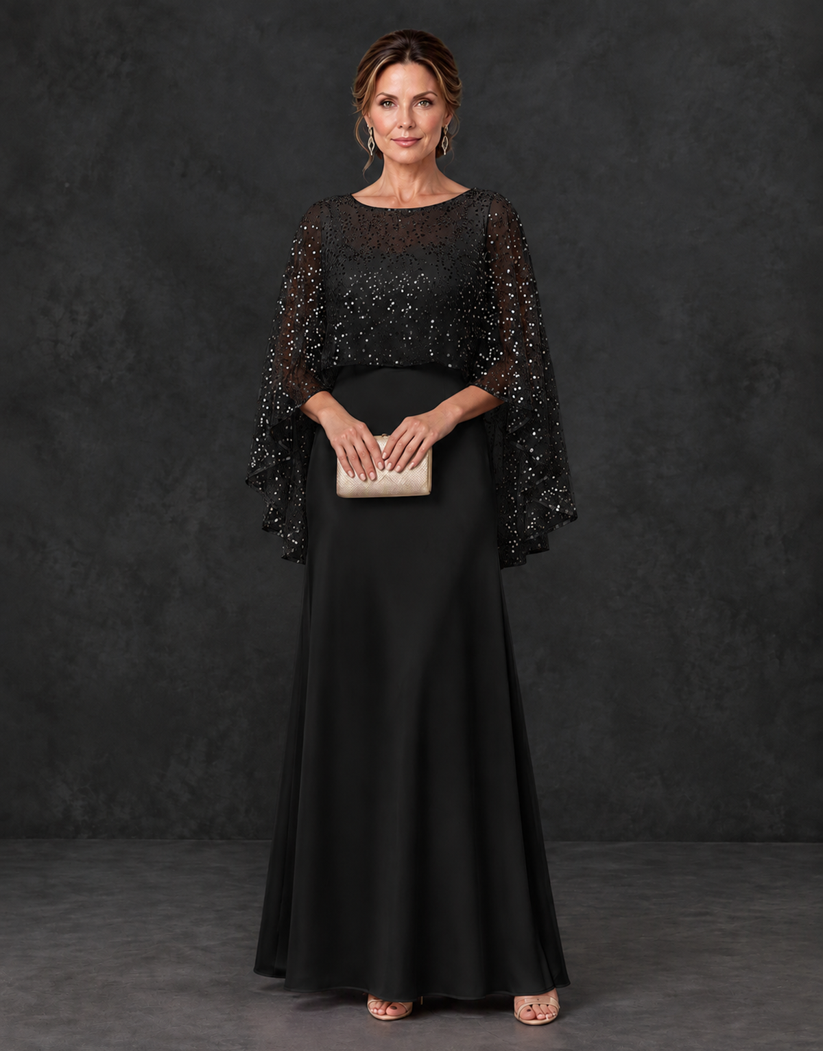 BOLODOO Black Sparkle Cape Sleeve Mother of the Bride Dress - Black - Black_1