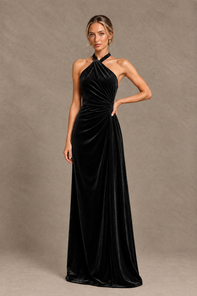 BOLODOO Black Velvet Halter Open-Back Ruched Evening Dress - Black - Black_1