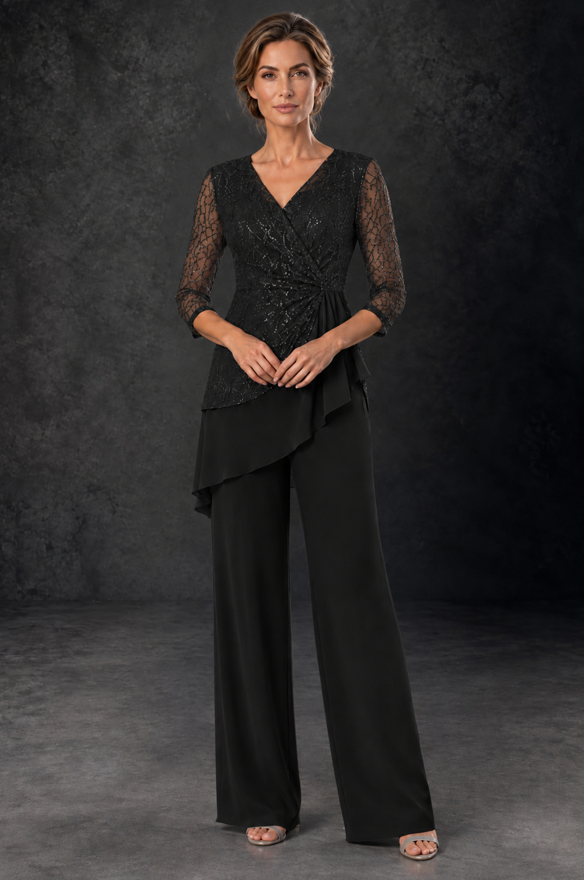 BOLODOO Black Sequin Lace 3/4 Sleeve Chiffon Mother of the Bride Pant Suit - Black - Black_1