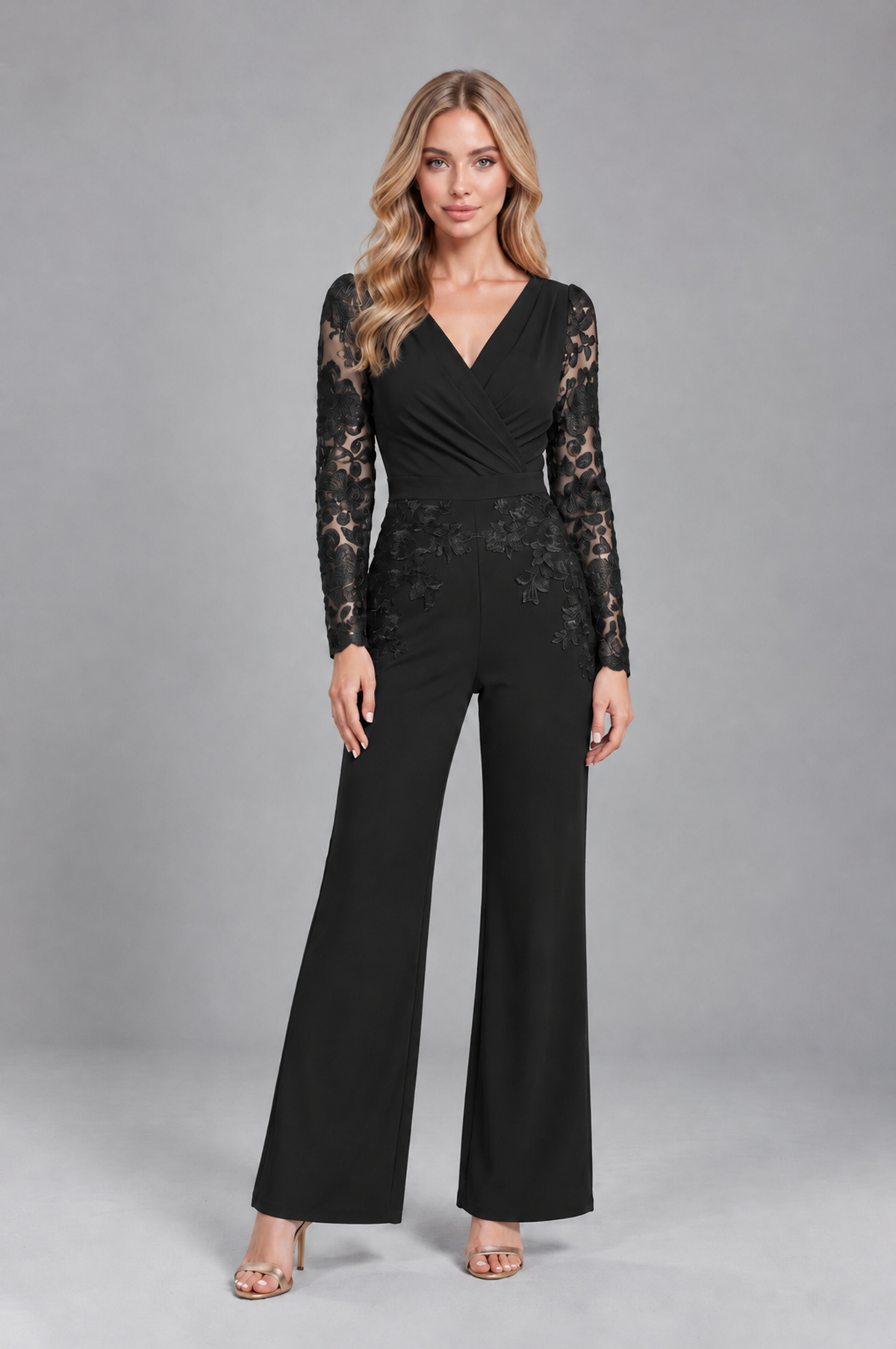 BOLODOO Black Lace Long-Sleeve V-Neck Mother Pant Suit - Black - Black_1