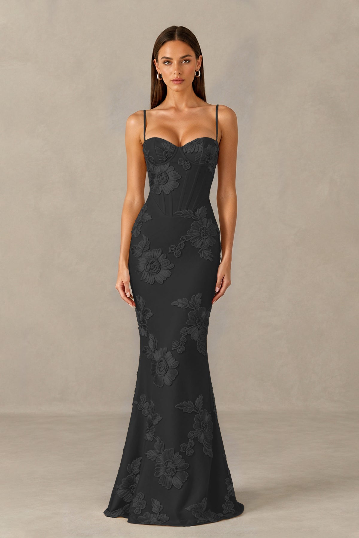 BOLODOO Black Floral Lace-Up Back Mermaid Maxi Dress - Black
