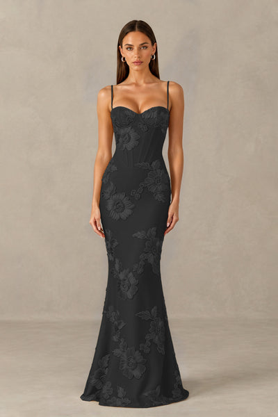 BOLODOO Black Floral Lace-Up Back Mermaid Maxi Dress - Black