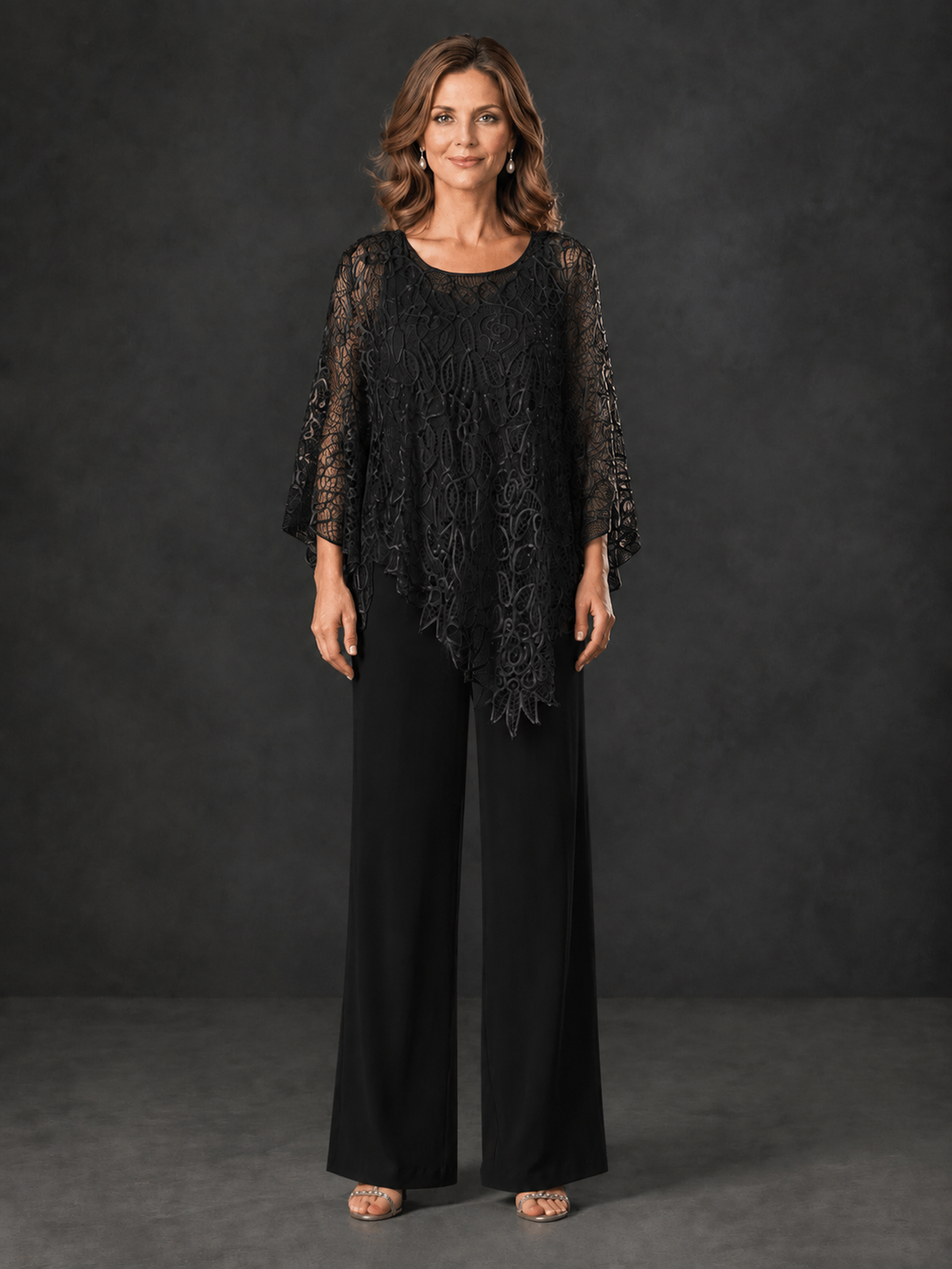 BOLODOO Black Lace Overlay Wide-Leg Pantsuit for Mothers of the Bride - Black