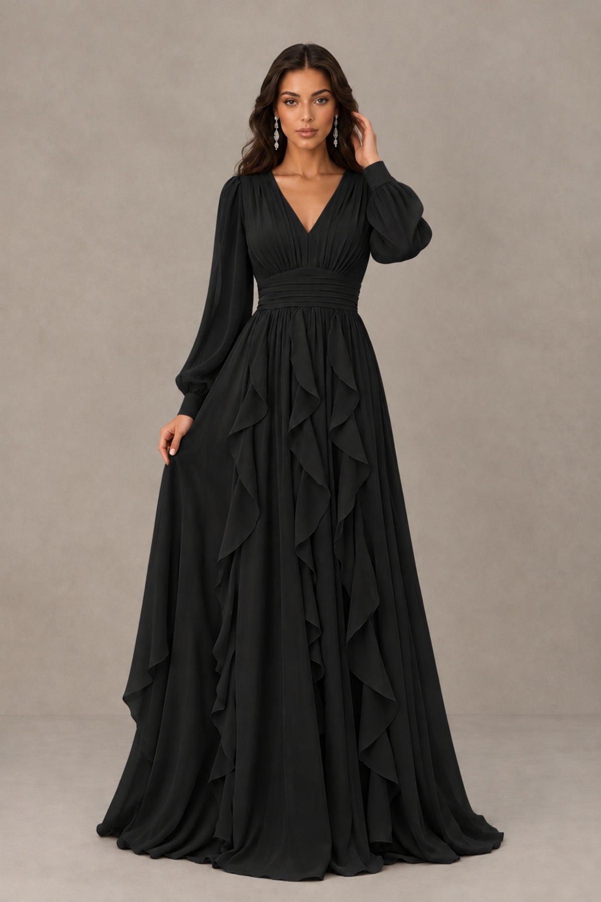 BOLODOO Black Long Sleeve V-Neck Ruffle Maxi Dress - Black