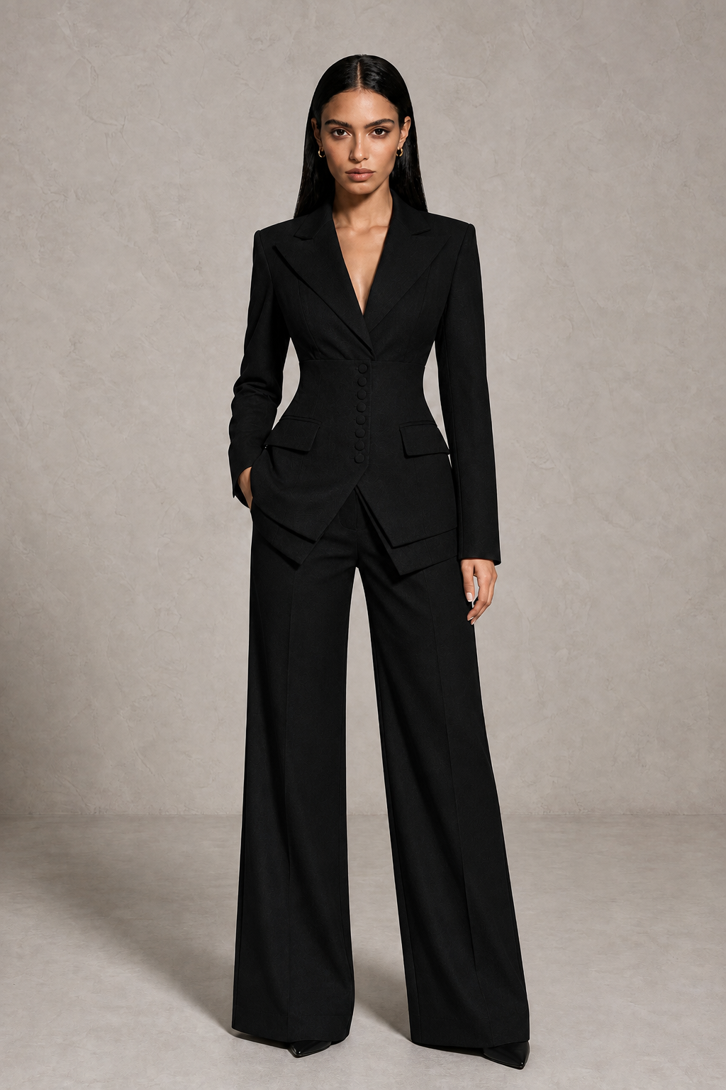BOLODOO Black Cinched Waist Blazer and Wide Leg Pants Two Piece Suit Set - Black