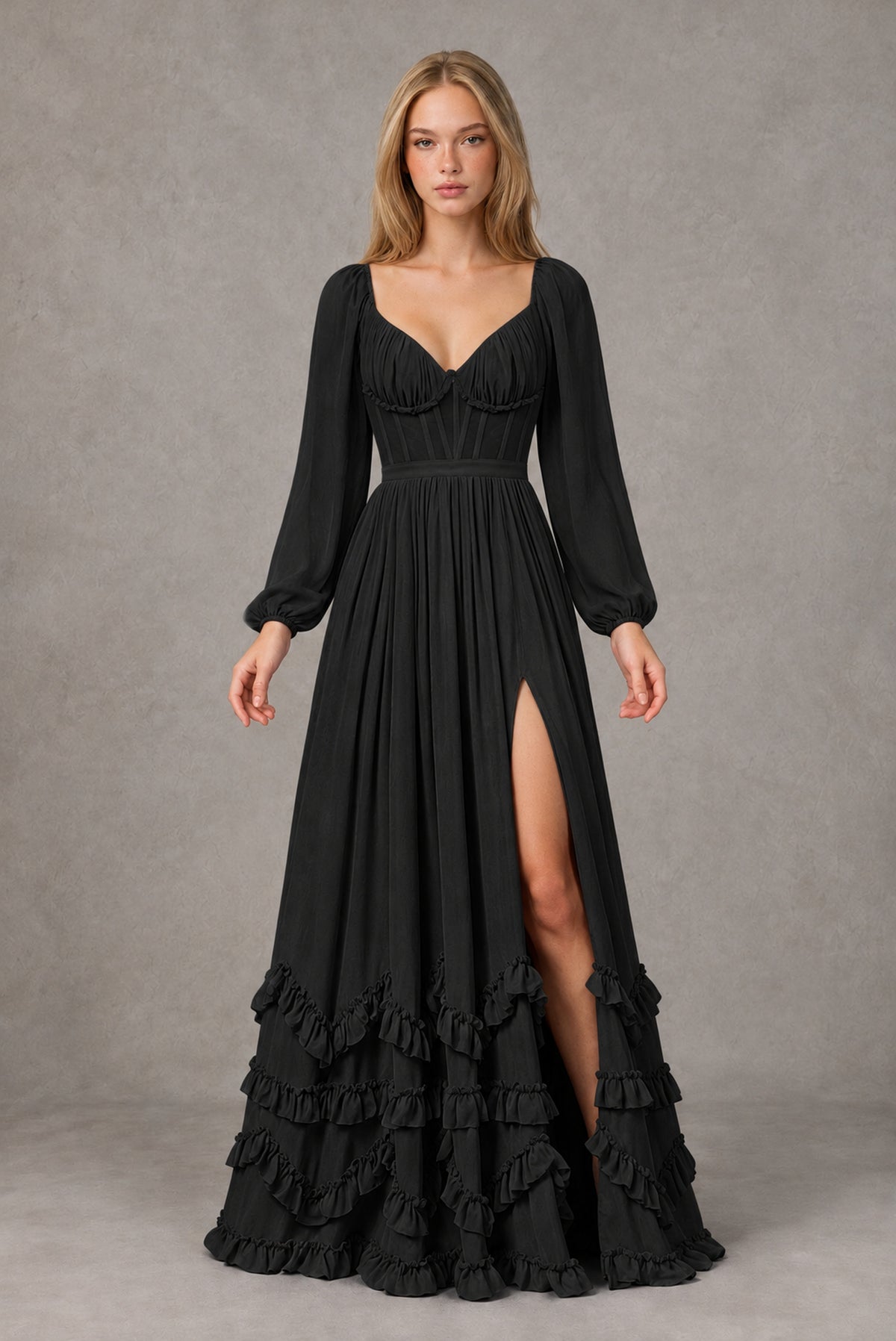 Black Long-Sleeve Ruffle Maxi Dress with Lace-Up Back and Slit - Black
