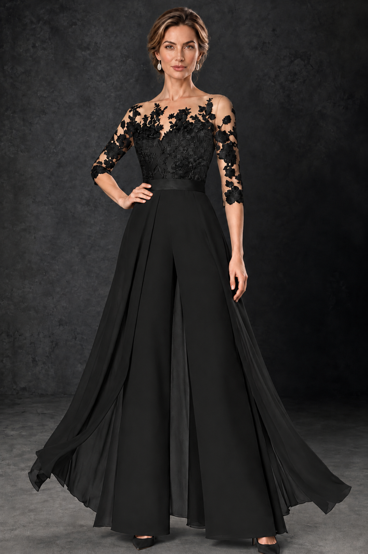 BOLODOO Black Lace Wide-Leg Jumpsuit with Three-Quarter Sleeves - Black - Black_1