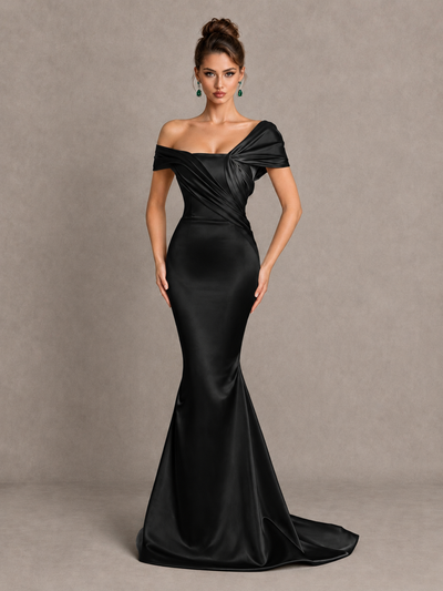 BOLODOO Black Off-Shoulder Satin Mermaid Prom Dress - Black - Black_1