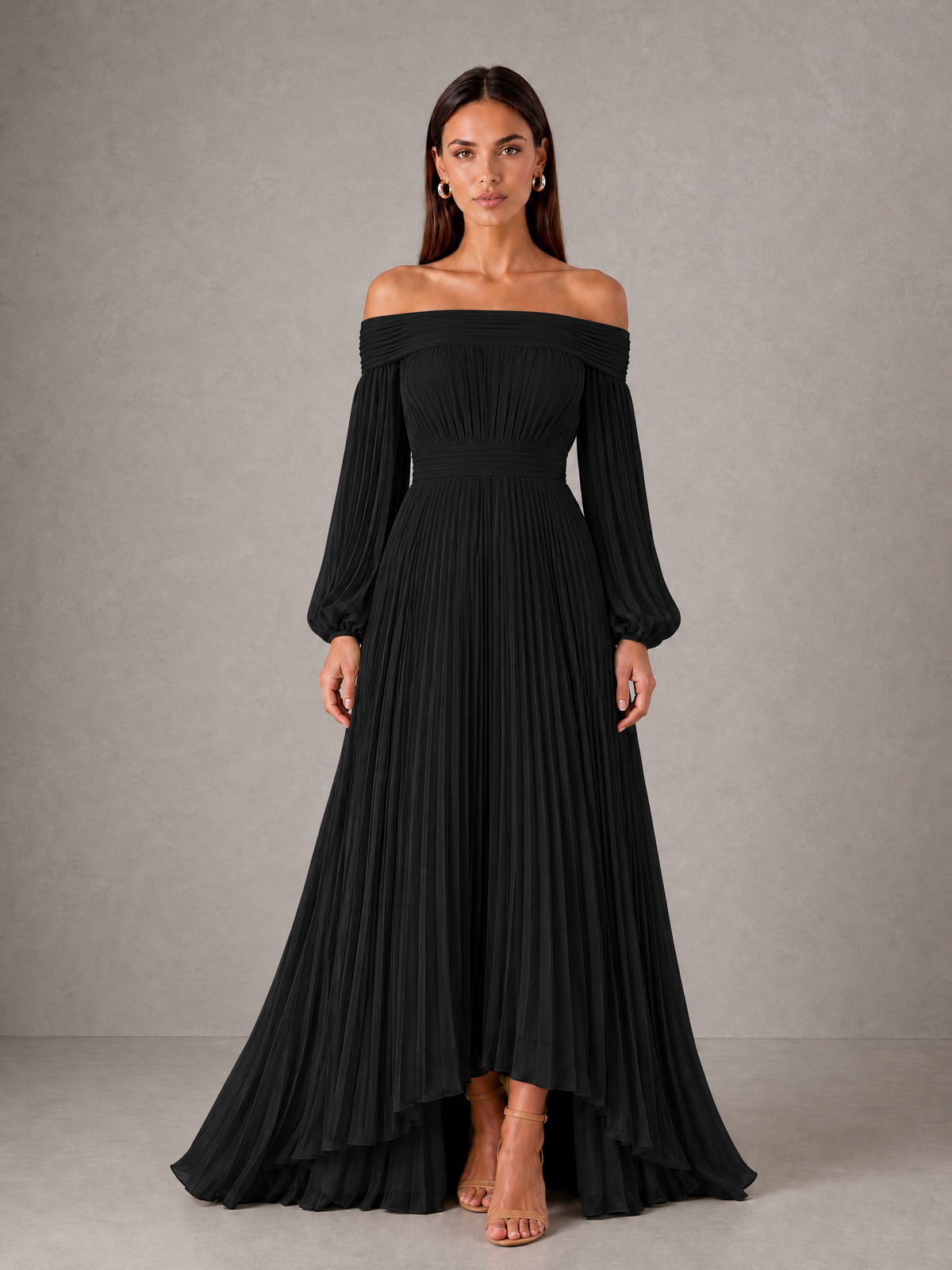 BOLODOO Black Off-Shoulder Long Sleeve Pleated High-Low Dress - Black - Black_1