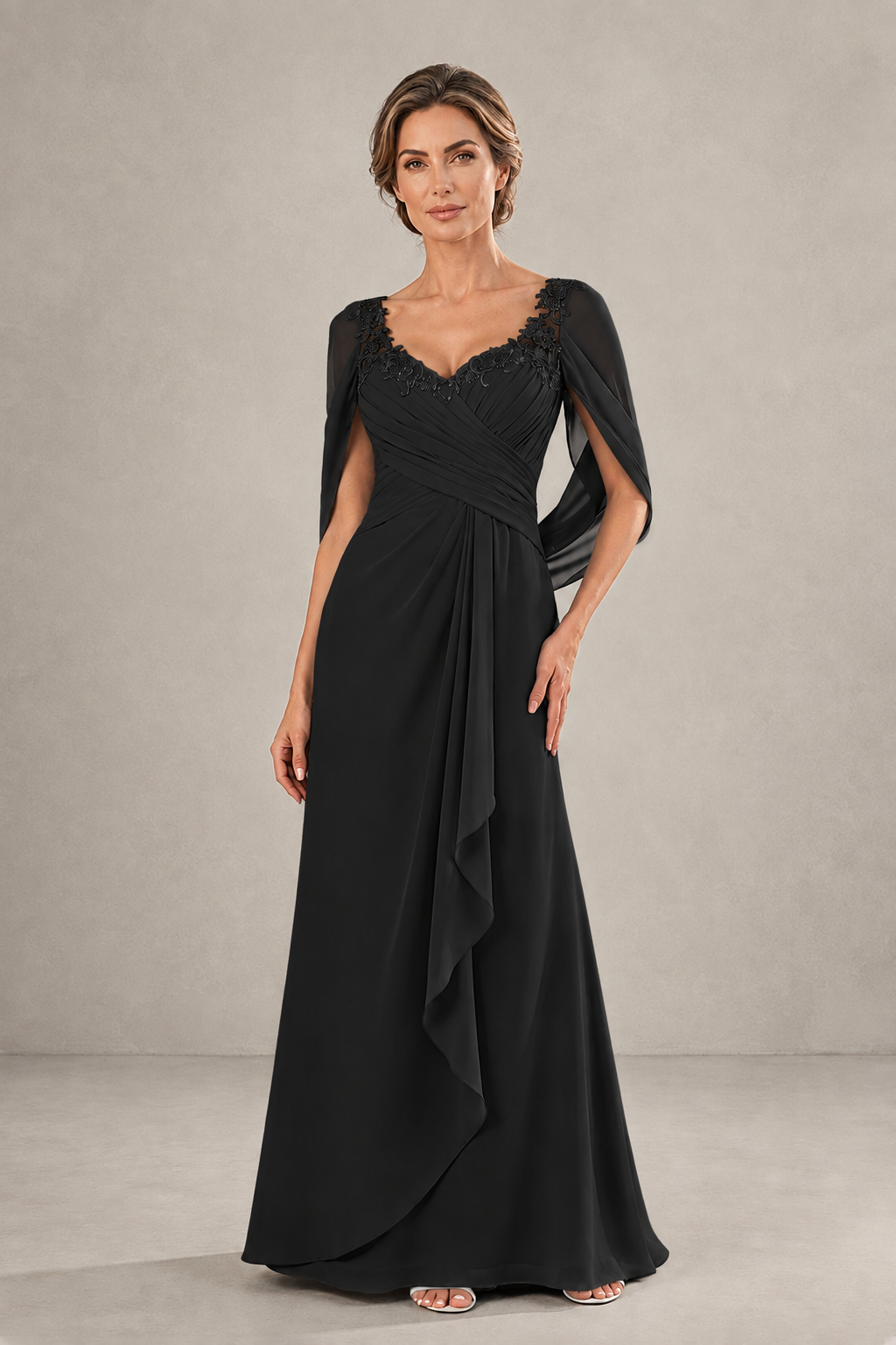 BOLODOO Black Chiffon V-Neck Lace Applique Cape Sleeve Cascade Ruffle Lace-Up Back Sheath Maxi Evening Dress - Black