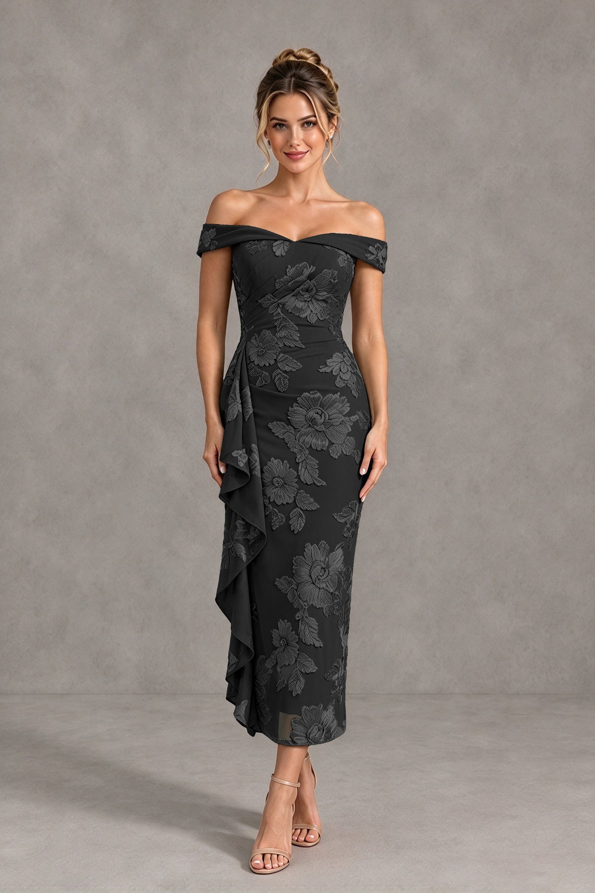BOLODOO Black Off Shoulder Floral Jacquard Midi Dress - Black - Black(1)