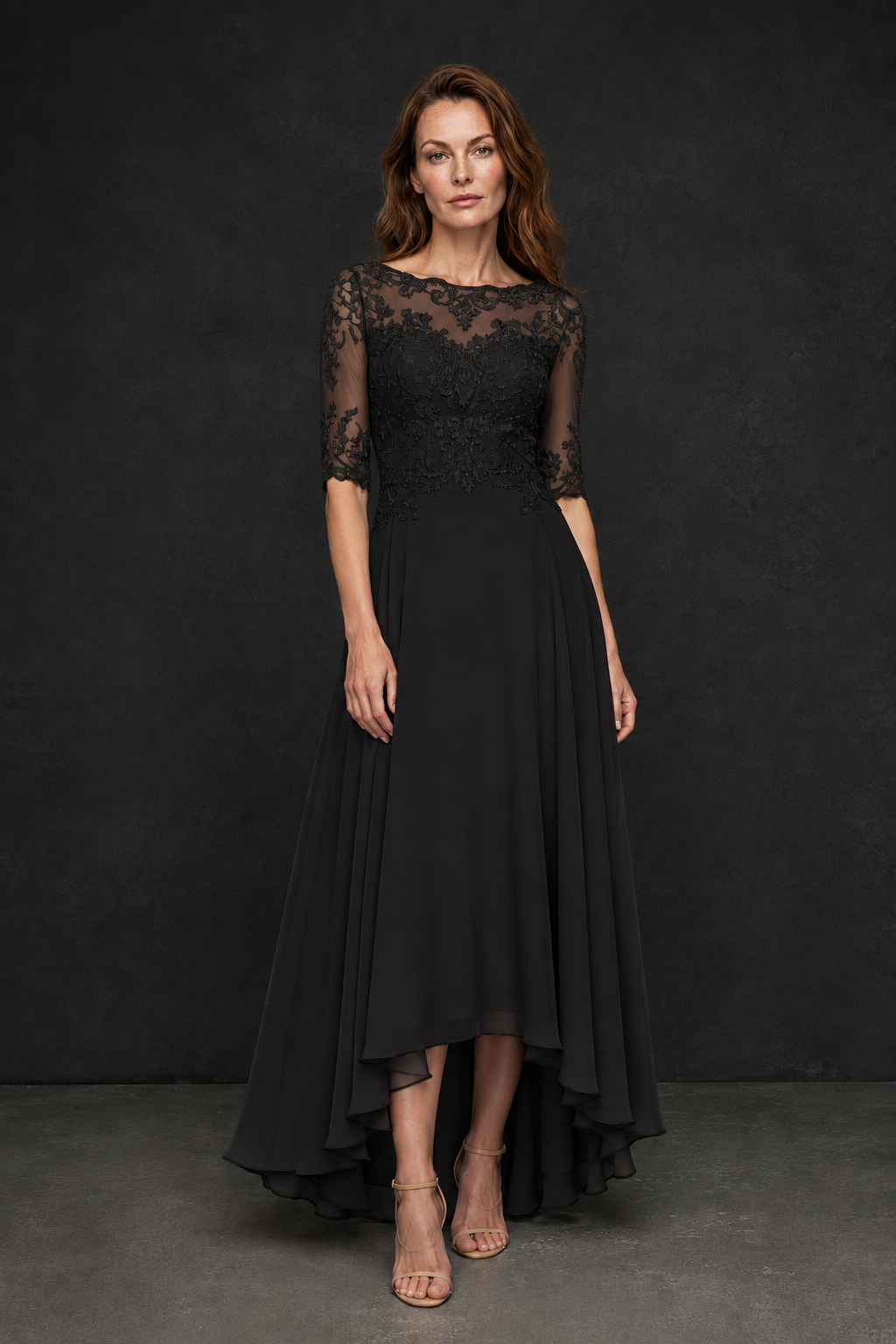 BOLODOO Black Illusion Lace 3/4 Sleeve Hi-Lo Chiffon A-Line Dress | Mother of the Bride Tea Length Dress - Black