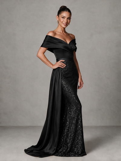 BOLODOO Black Sequin Mermaid Evening Dress with Off-Shoulder Satin Drape and Sweep Train - Black - Black_1