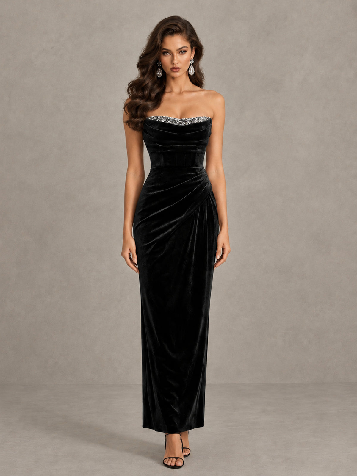 BOLODOO Black Strapless Velvet Cocktail Maxi Dress - Black - Black_1