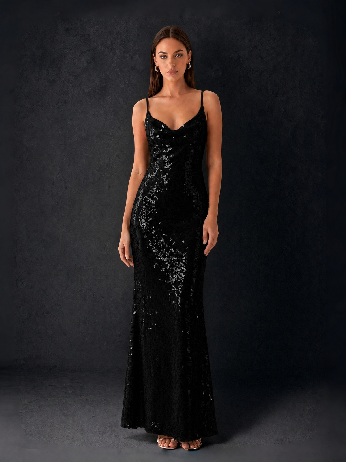 BOLODOO Bronze Sequin Cowl Neck Spaghetti Strap Mermaid Maxi Dress with Open Criss-Cross Back - Black - Black