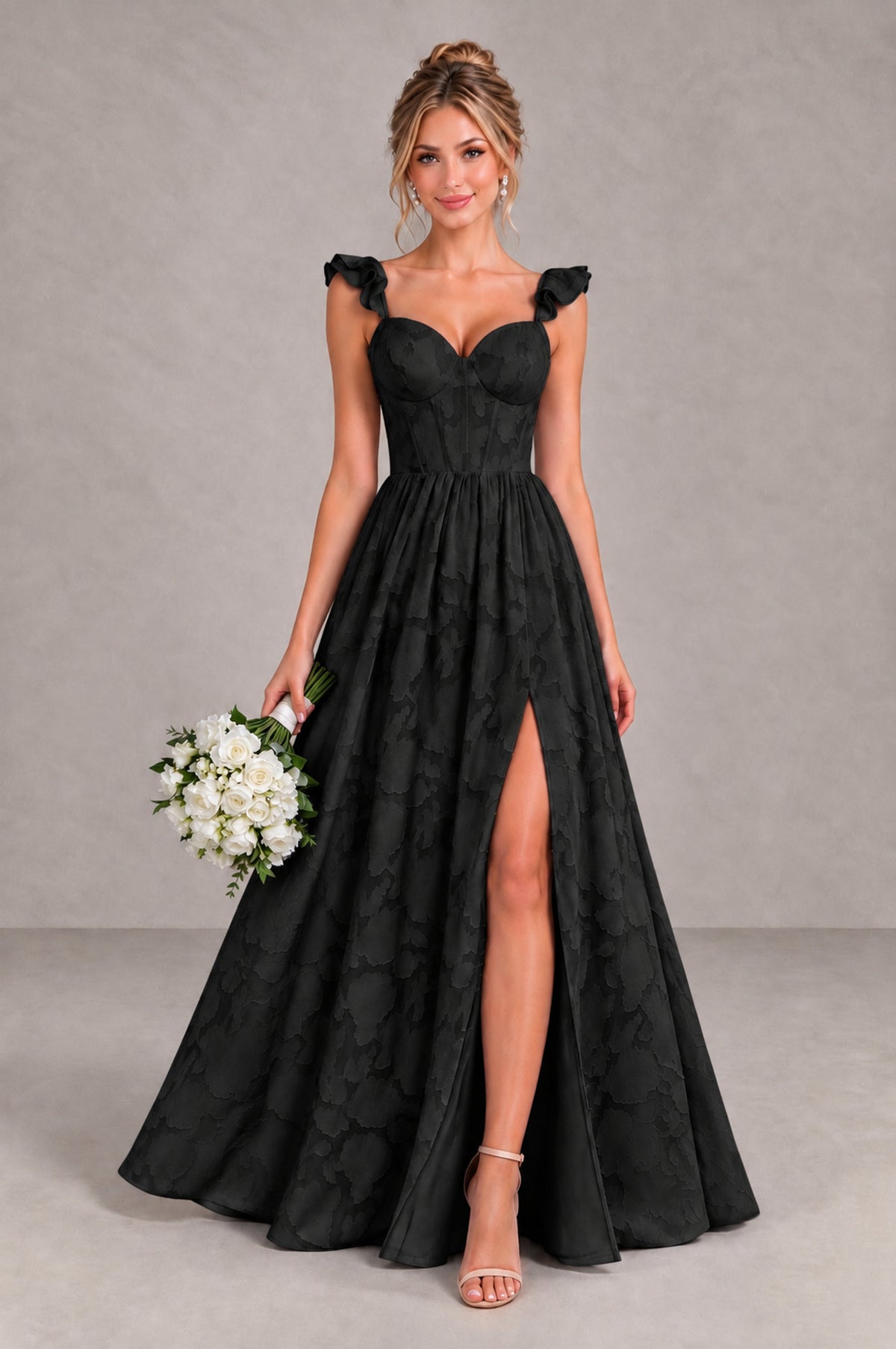 BOLODOO Black Floral A-Line Bridesmaid Dress with Slit Ruffle Straps Maxi Gown - Black - Black_1