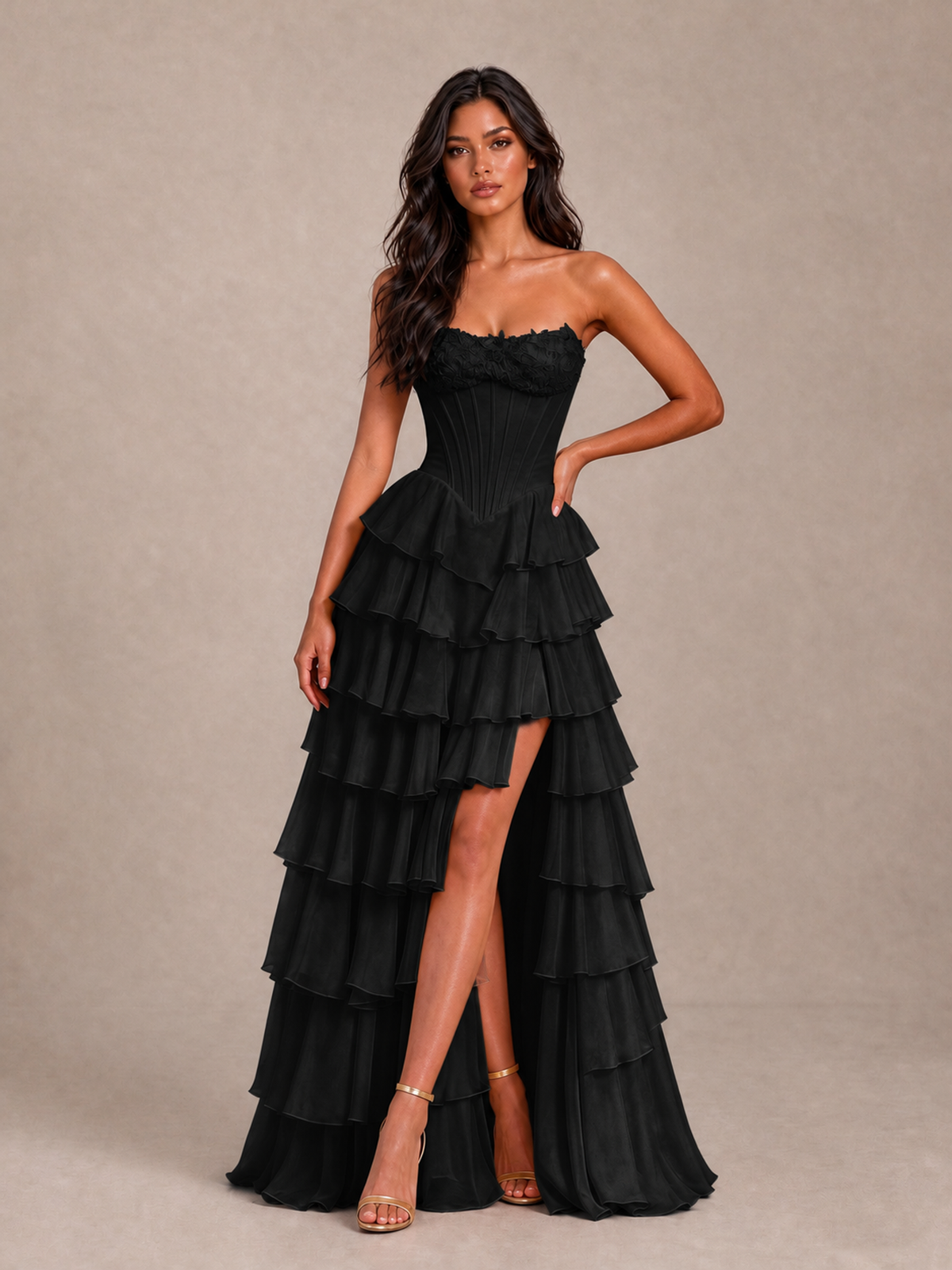 BOLODOO Black Strapless Corset Tiered Ruffle Prom Dress with High Slit - Black - Black_1