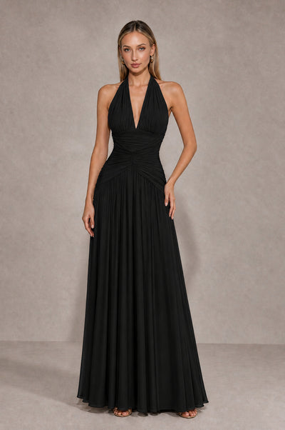 BOLODOO Black Chiffon Halter Deep V-Neck Ruched A-Line Backless Maxi Dress with Train-BD0167 - Black - Black_1