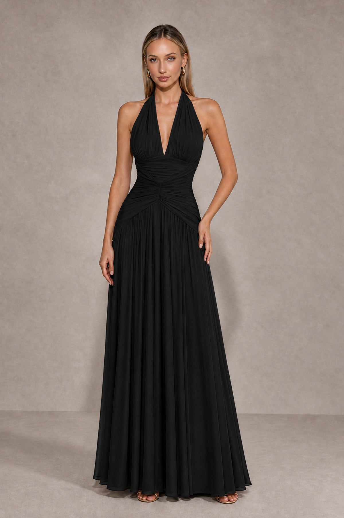 BOLODOO Black Chiffon Halter Deep V-Neck Ruched A-Line Backless Maxi Dress with Train-BD0167 - Black - Black_1