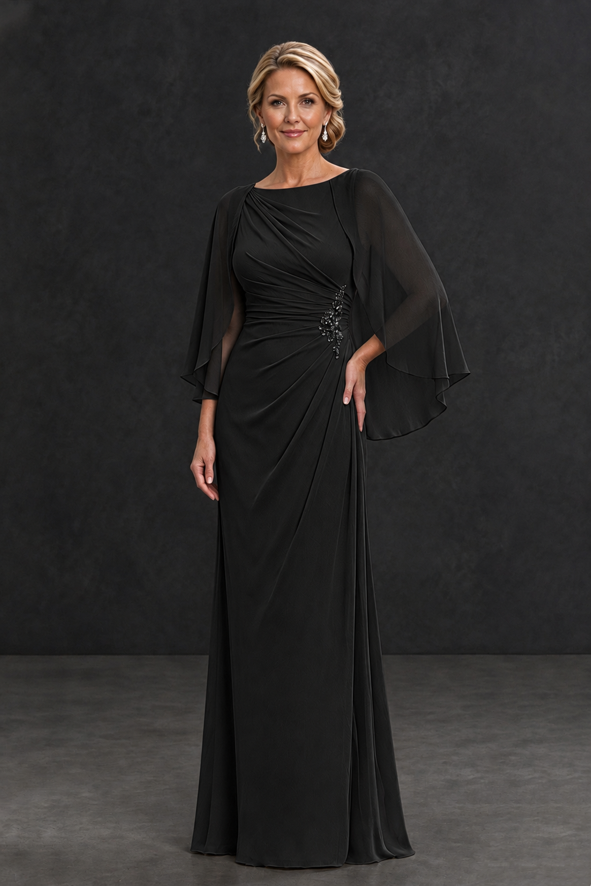 BOLODOO Black Cape Sleeve Mother of the Bride Dress with Ruched Waist - Black - Black_1
