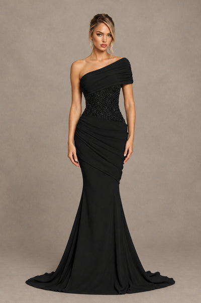 BOLODOO Black One-Shoulder Sequin Embroidered Ruched Mermaid Gown with Train - Black - Black_1