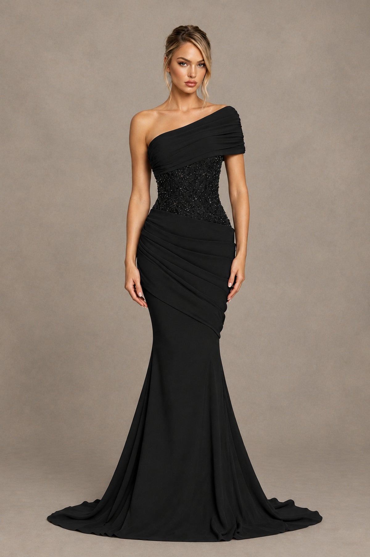 BOLODOO Black One-Shoulder Sequin Embroidered Ruched Mermaid Gown with Train - Black - Black_1