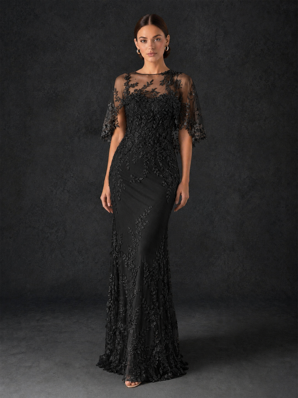 BOLODOO Mocha Rose Botanical Lace Flutter Sleeve Mermaid Gown - Black - Black