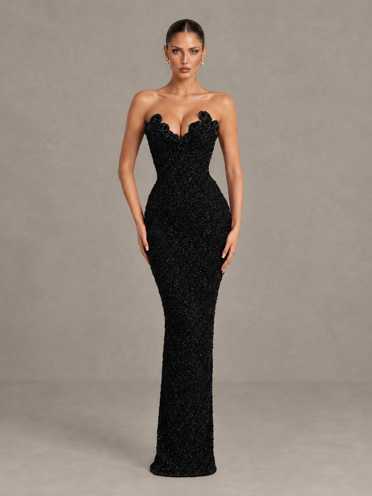 BOLODOO Black Strapless Sequin Evening Gown with Floral Neckline - Black - Black_1