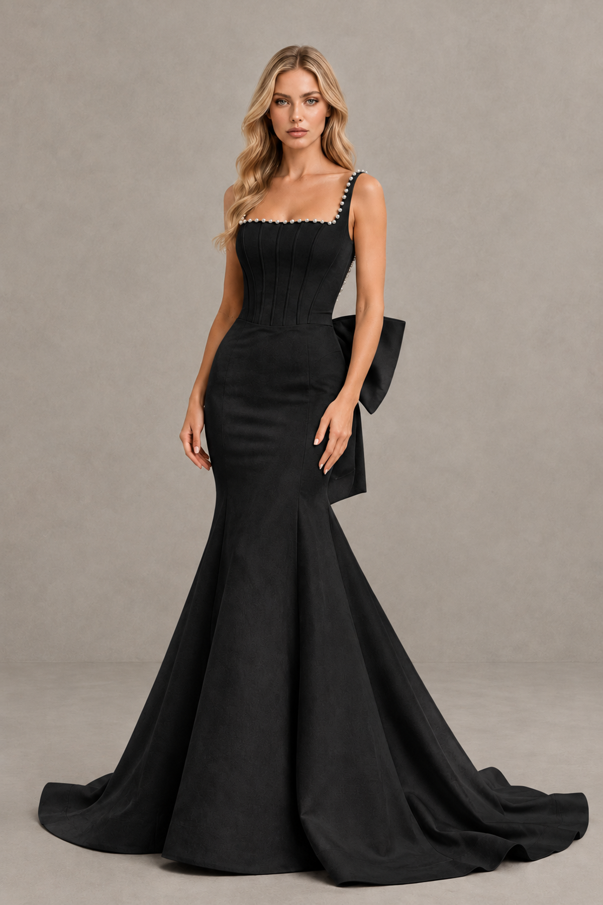 BOLODOO Black Pearl-Trim Mermaid Prom Dress with Back Bow - Black - Black_1