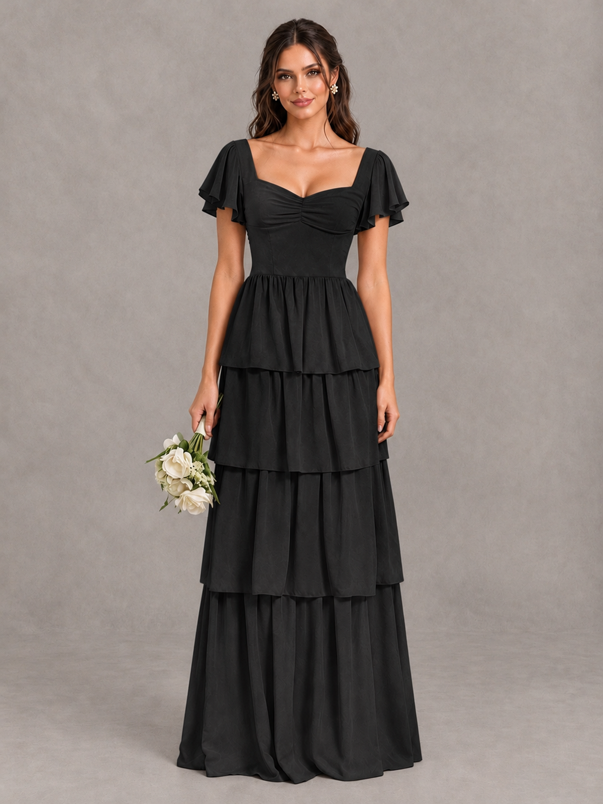 BOLODOO Black Flutter Sleeve Tiered Maxi Bridesmaid Dress - Black - Black_1