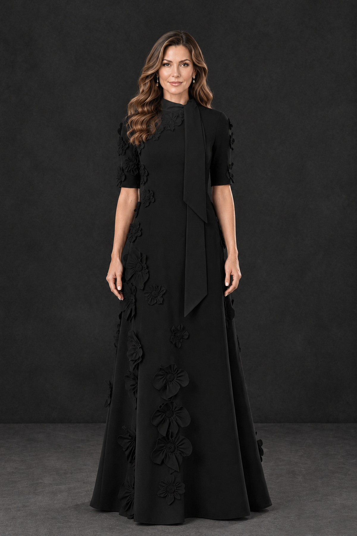 BOLODOO Black Floral Applique High-Neck Half-Sleeve Gown - Black - Black_1