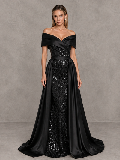 BOLODOO Black Sequin Mermaid Evening Dress with Detachable Satin Overskirt and Sweep Train - Black - Black_1
