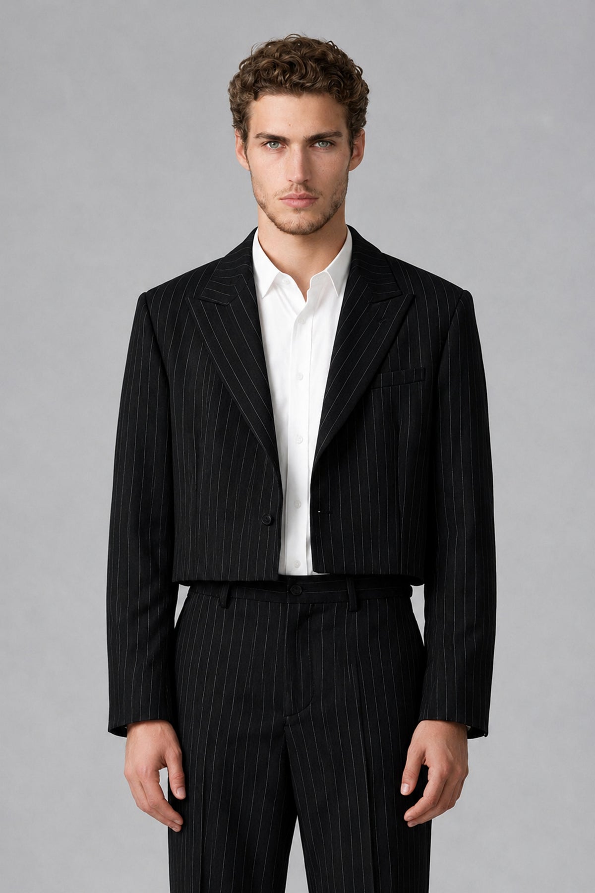 Bolodoo Men's Black Pinstripe Two-Piece Suit with Cropped Blazer & Wide-Leg Trousers - Black - Black_1