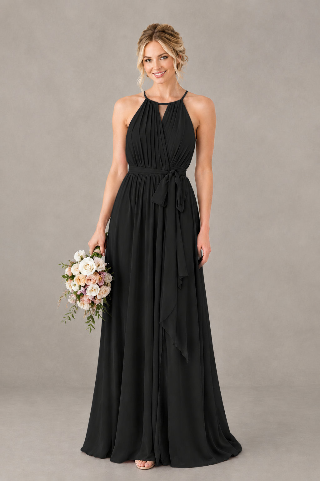 BOLODOO Black Halter Chiffon Bridesmaid Dress with High Slit - Black